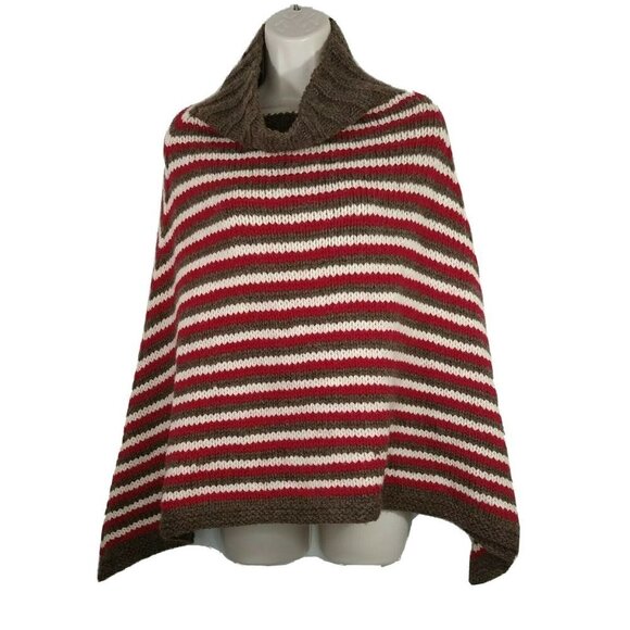 Multicolor Knit Poncho Cowl Neck Brown Red White Pullover One Size Fits Most - Picture 1 of 5